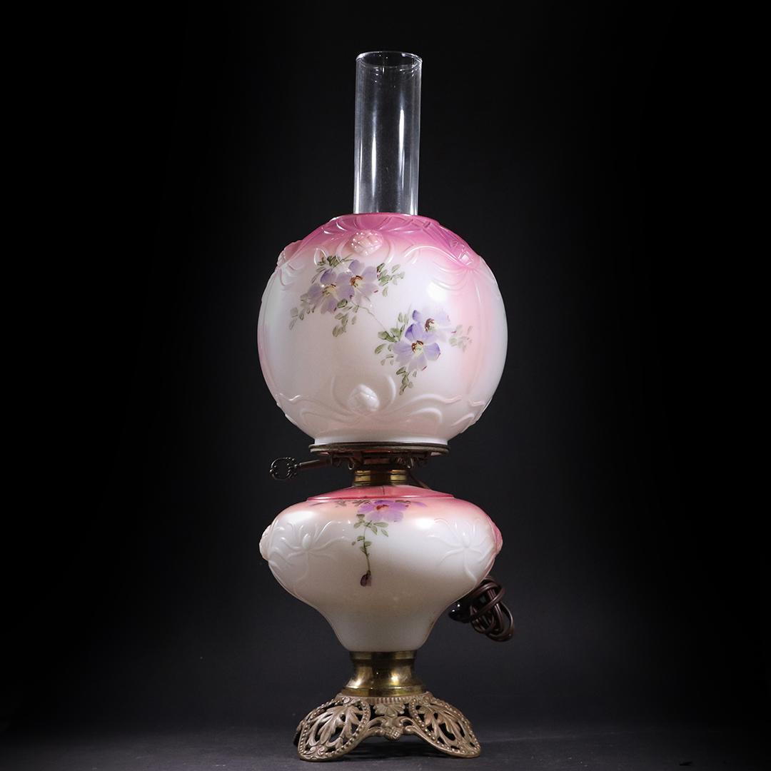 Antique Gone With The Wind Lamp Hand Painted Pansies: Antique Gone With The Wind Lamp Hand Painted Pansies. size: 21h x 7w