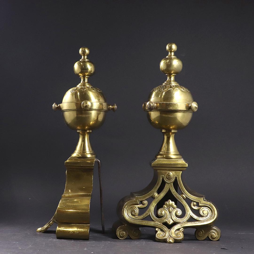 Antique Brass Italian Renaissance Fireplace Chenets: Antique Brass Italian Renaissance Fireplace Chenets. size: 13h x 7w
