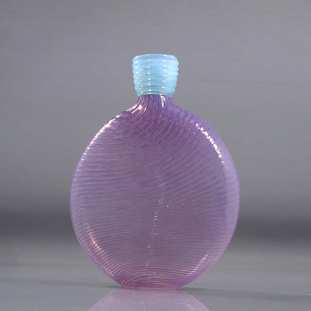 Signed Pavor Q Studio Art Glass Bottle / Flask Lavender: Signed Pavor Q Studio Art Glass Bottle / Flask Lavender. size: 7.75h x 6w