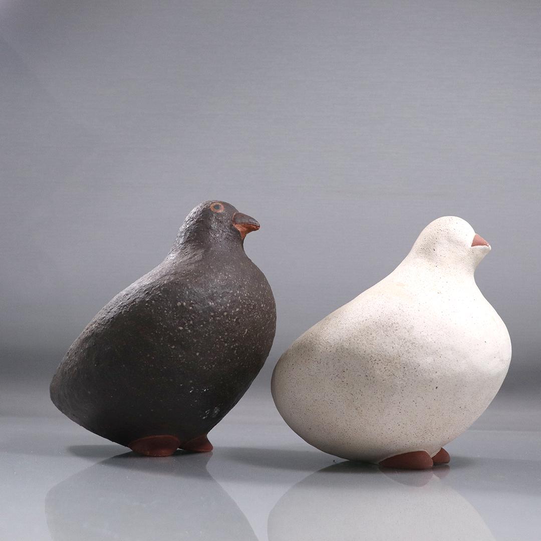 2 Redware Pottery Hens/ Birds Black and White, Israel: 2 Redware Pottery Hens/ Birds Black and White, Israel. size: 6h x 7L, 7h x 7L