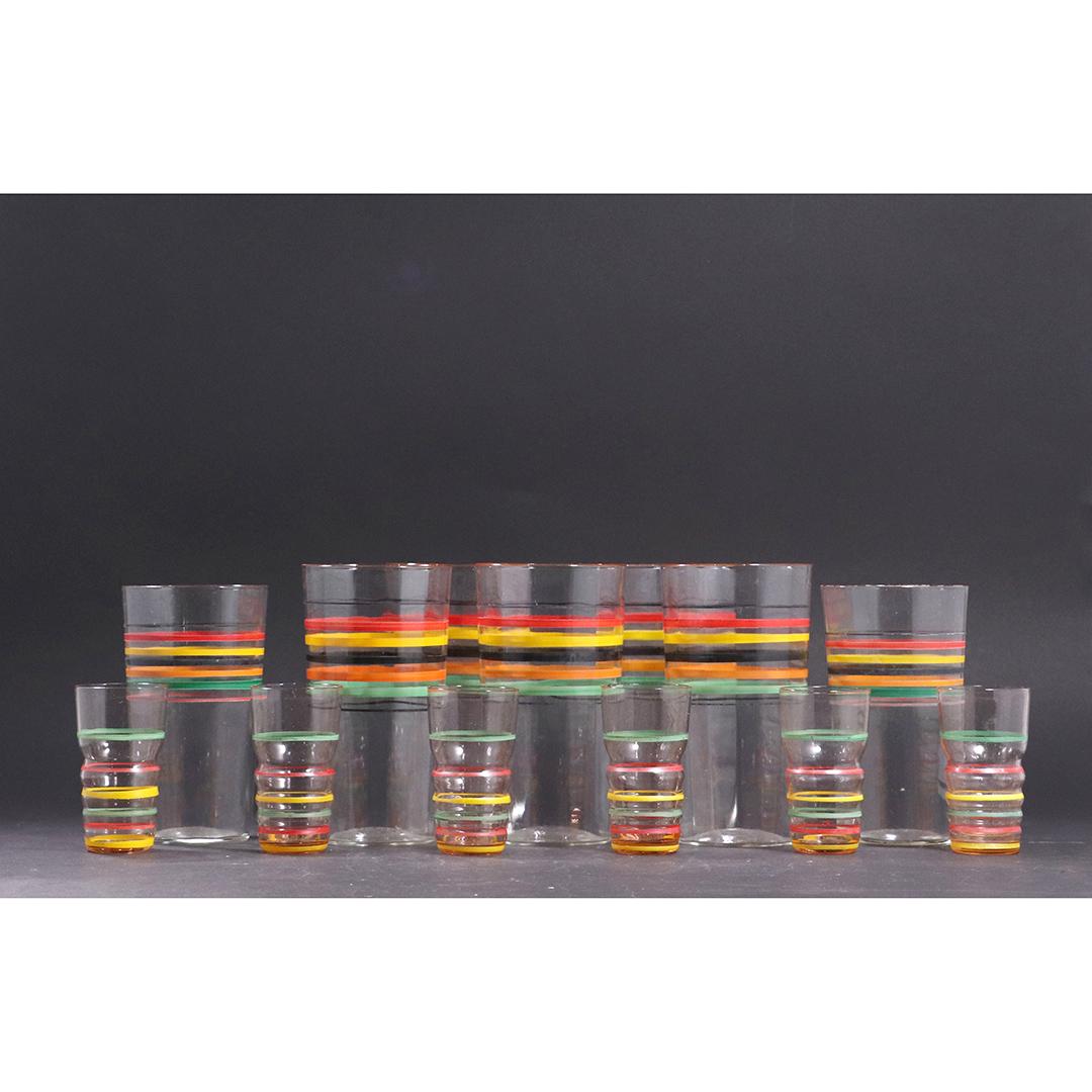 13 Vintage Rainbow Color Stripe Bands Drinking Glasses: 13 Vintage Rainbow Color Stripe Bands Drinking Glasses. size: (6x) 3h x 1.75w, (2x) 4.75h x 2.75w, (5x) 5.25h x 3w