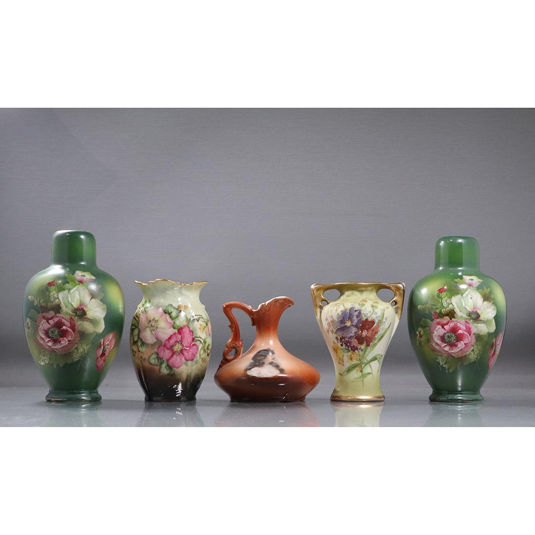 5 Assorted French, Austrian Antique Porcelain Vases: 5 Assorted French, Austrian Antique Porcelain Vases. Hand Painted. size: 4.5-7.5h range