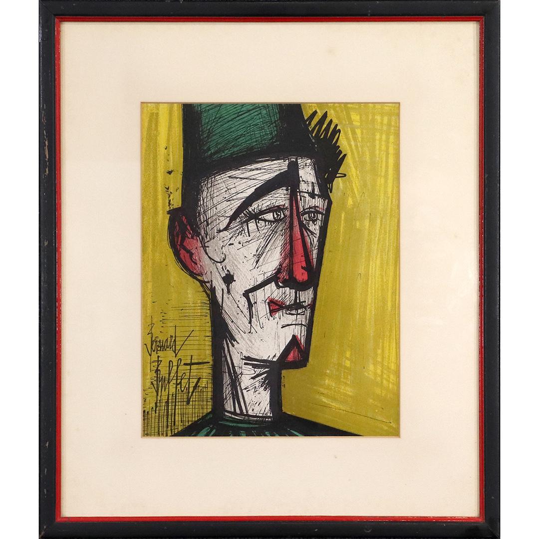 BERNARD BUFFET 1828-1999, Lithograph "Bread and Wine": BERNARD BUFFET 1828-1999, Lithograph "Bread and Wine". Made for the Art Exhibition in Paris. Les Peintres Temoins lur Temps in 1965, Signed in Plate. size: 12x9.25 image, 19.25x16.5 outside frame