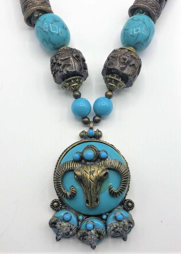 Man Made Turquoise, Wood, Metal Tribal Costume Necklace (1 of 6)