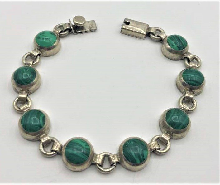 .925 Sterling Silver Bracelet 8 Malacite Round Links (1 of 6)