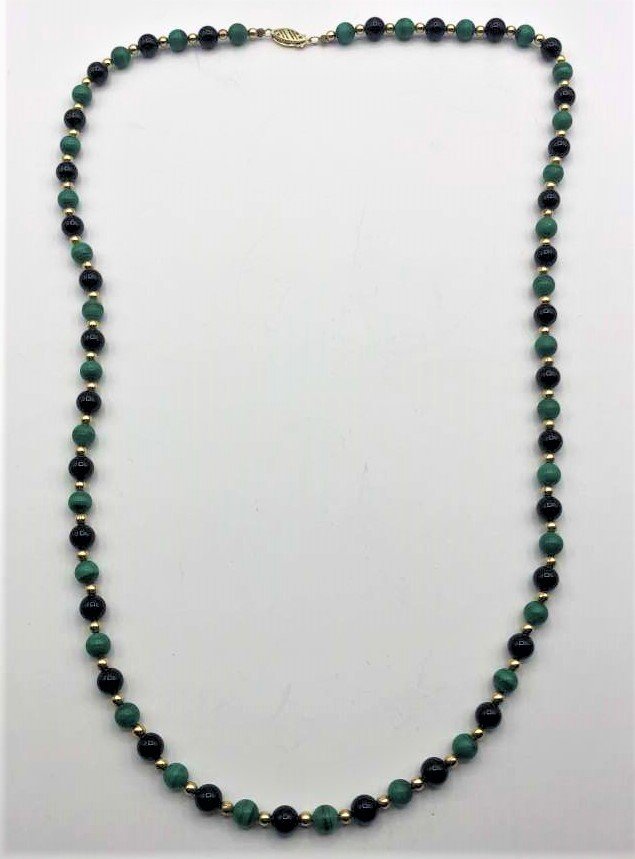 14K GF Gold Beads, Black Onyx, Malacite Beads Necklace (1 of 5)