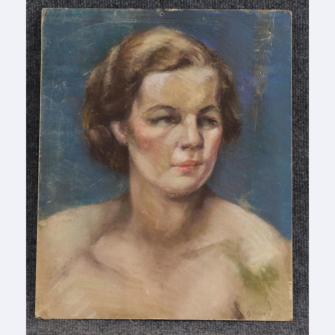 Circa 1940s Portrait of Woman Pastel Signed Illegible (1 of 6)