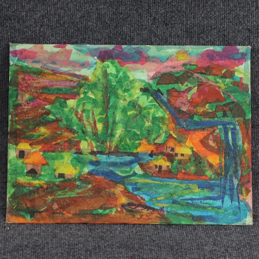 Tracy Holaday 1980, Landscape Tissue Paper Collage: Tracy Holaday 1980, Landscape Tissue Paper Collage on board. Signed, Signed and dated on verso. Vintage. size: 12x16
