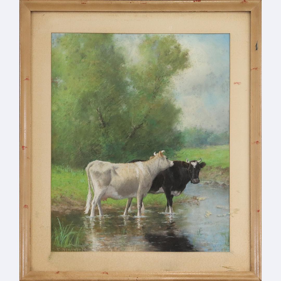 Daniel Wentworth, Pastel Painting Cows at Stream Signed (1 of 6)