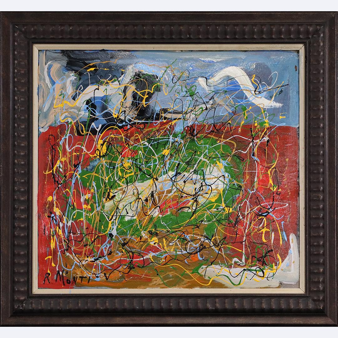 R. Monti, Mid-Century Abstract Landscape with Drip Art (1 of 6)