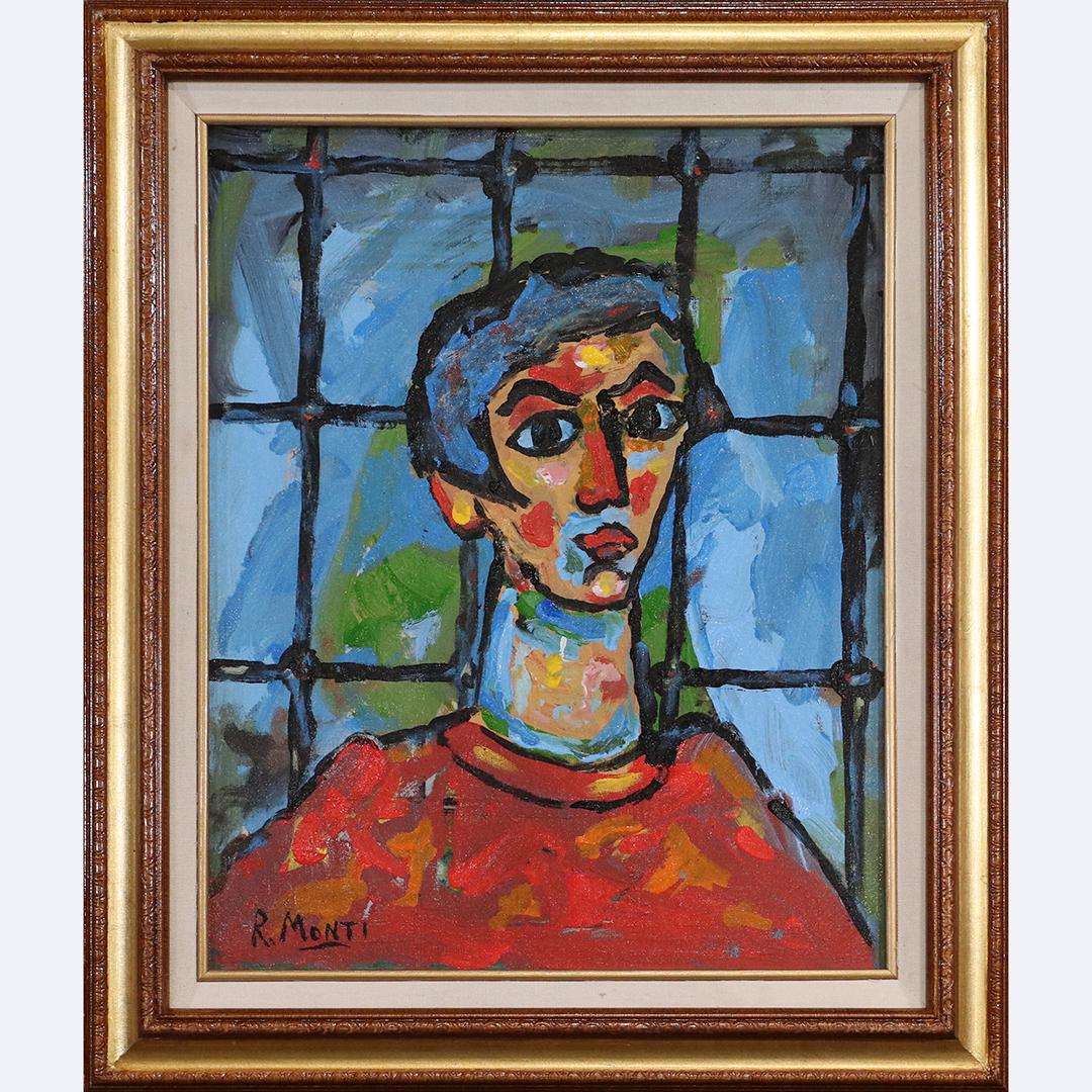 R. Monti, Mid-Century Abstract Young Man at Window O/c (1 of 6)