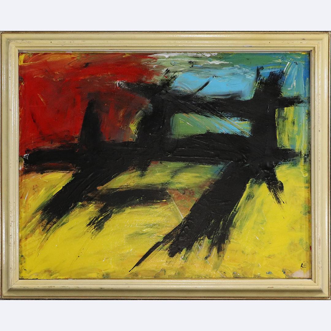 Pulgini after Franz Kline, Black Lines Color Background: Pulgini after Franz Kline, Black Lines Color Background. oil on board painting, signed on verso, framed. Popular Philadelphia area Artist. size: 20x26 image, 24x29.75 outside frame