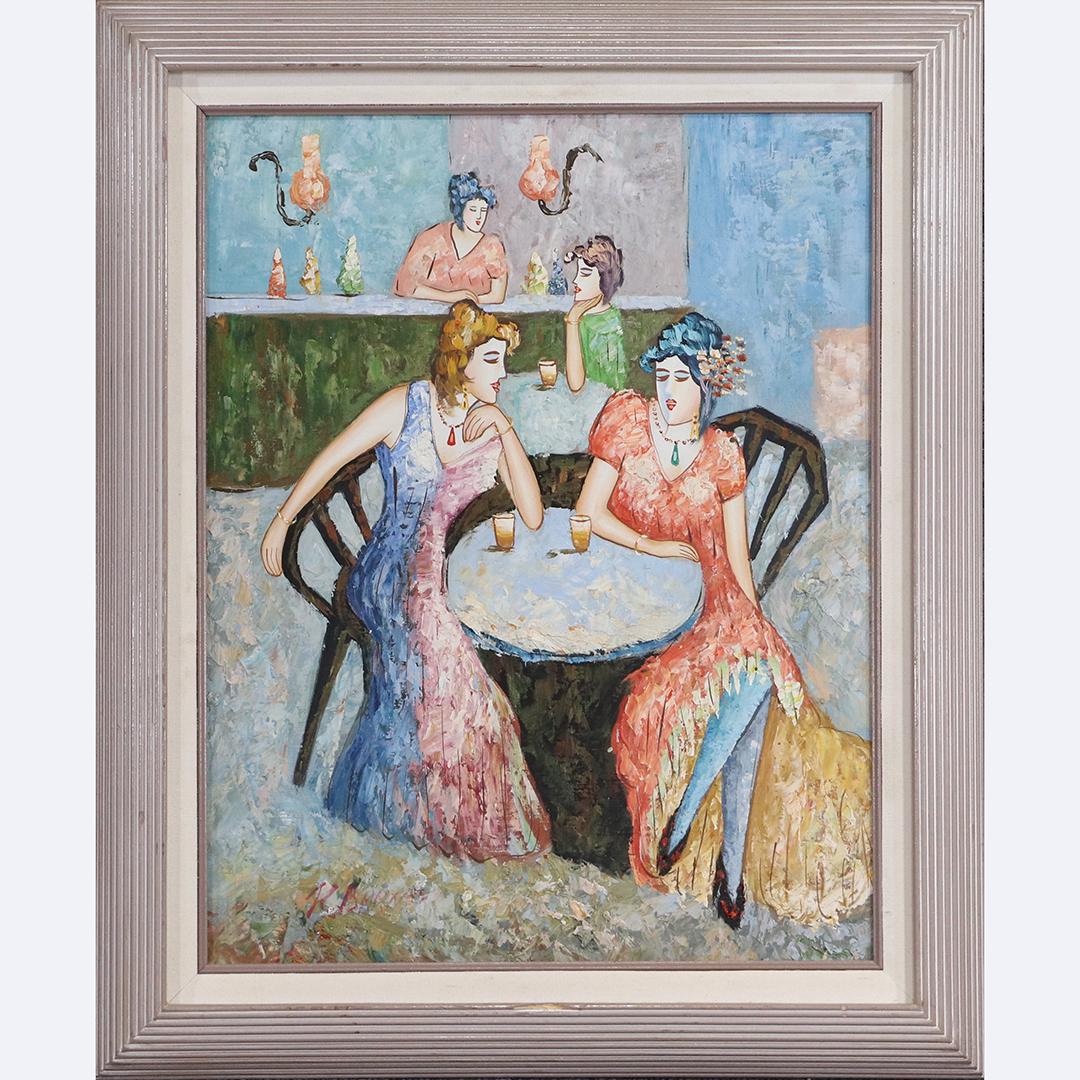 K Barnes, Women in a French Cafe Scene Oil/c Signed (1 of 6)