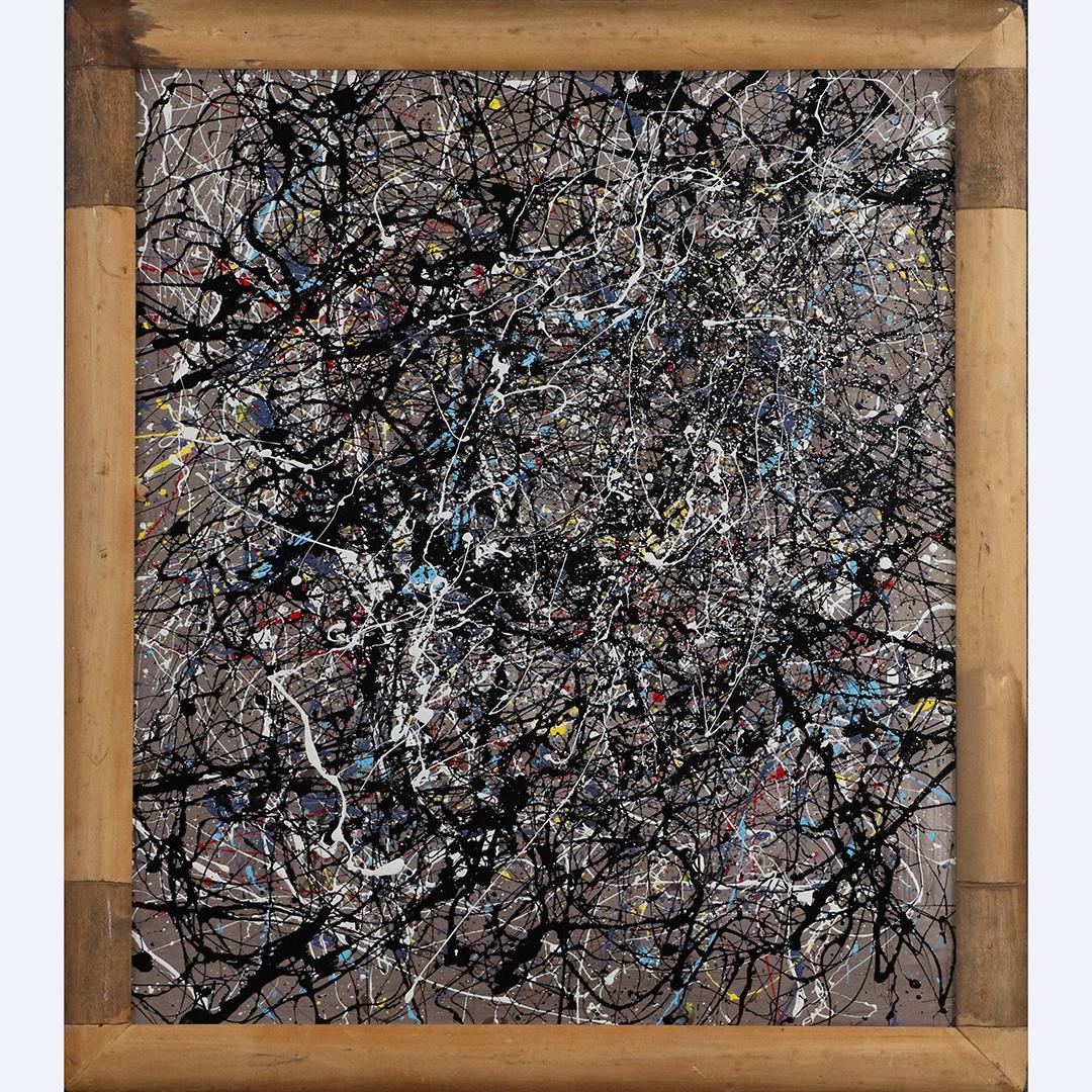 Pulgini after Jackson Pollock Mid-Century Drip Art O/b: Pulgini after Jackson Pollock Mid-Century Drip Art O/b. Oil on board painting. Signed on verso. Framed. Popular Philadelphia area artist. size: 28x24 image, 31.5x27.5 outside frame