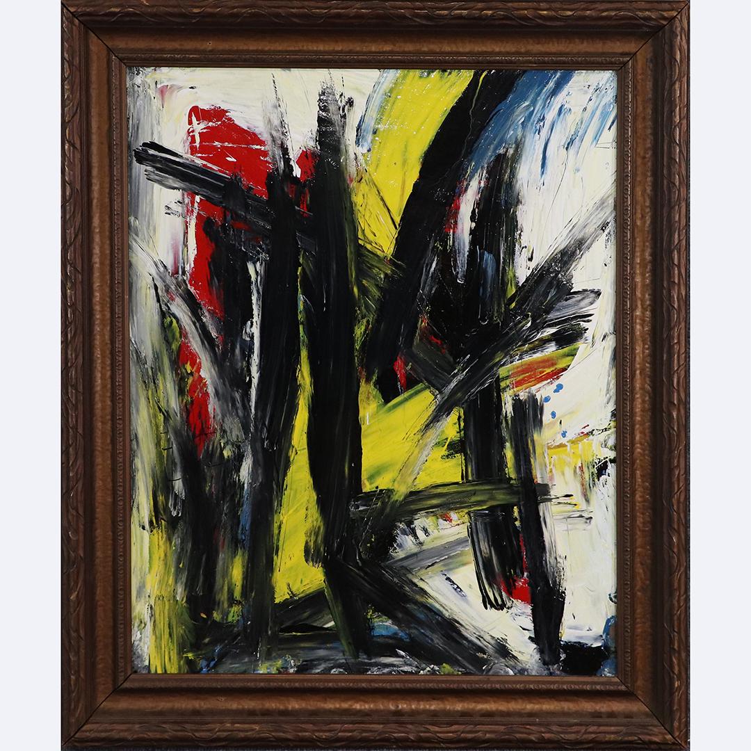 Pulgini after Franz Kline, Black Lines Color Background: Pulgini after Franz Kline, Black Lines Color Background. Oil on board Painting, Signed, Framed. Popular Philadelphia area artist. size: 27x22 image, 32.5x27.5 outside frame