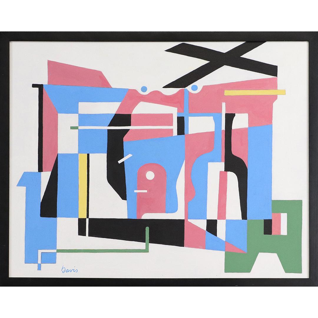 after Stuart Davis, Gouache Geometric Abstraction: after Stuart Davis, Gouache Geometric Abstraction, bears Signature, Framed. size: 16x20 image, 16.75x20.75 outside frame