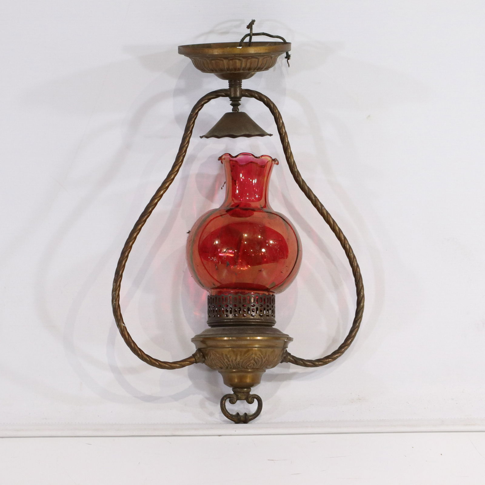 Hanging Brass Harp Hall Fixture Cranberry Glass Shade (1 of 5)