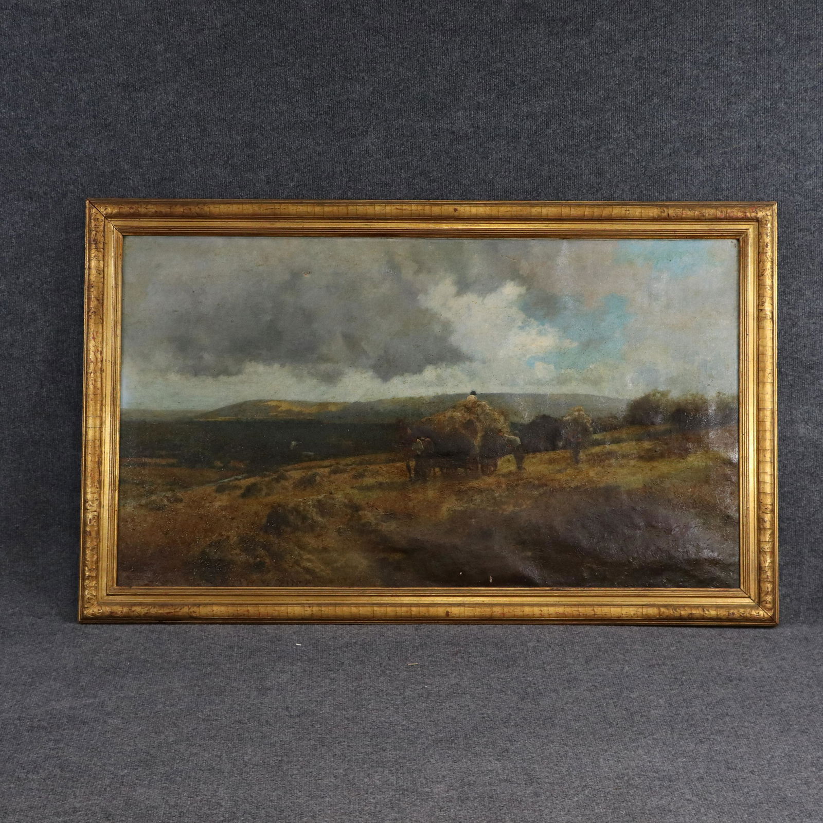 19th C. Oil Painting Working Hay Wagon in Field (1 of 10)