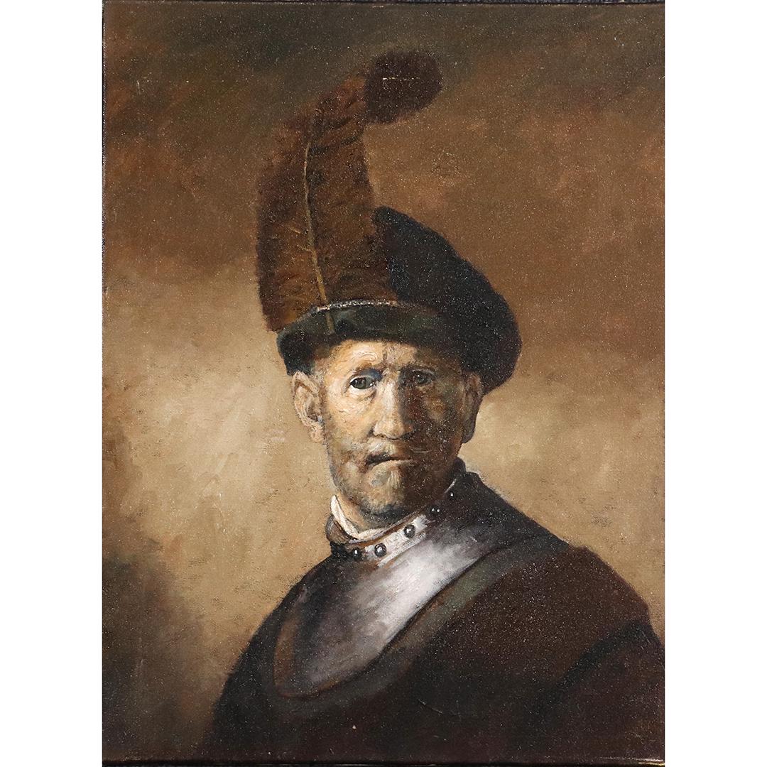 R Newbauer after Rembrandt O/c Man in Plumed Hat Gorget: R Newbauer after Rembrandt O/c Man in a Plumed Hat and Gorget. Oil on canvas painting, Signed on verso on stretcher. Framed. Well done painting. size: 24x18. ASKart: Richard V Neubauer (1930 - 2013)Ri