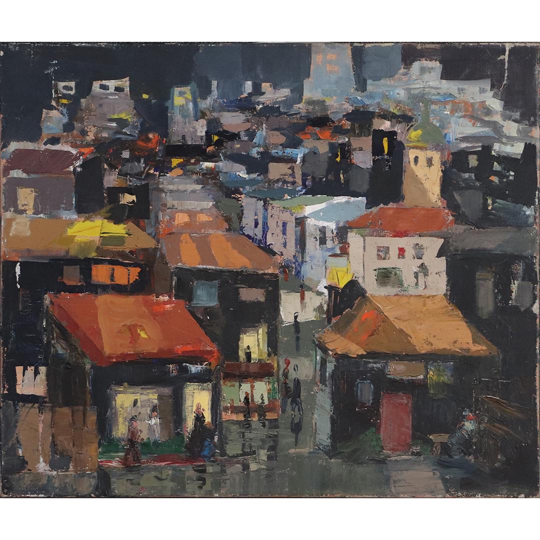 Mid-Century Modern Oil/c City Roof Tops Painting (1 of 5)