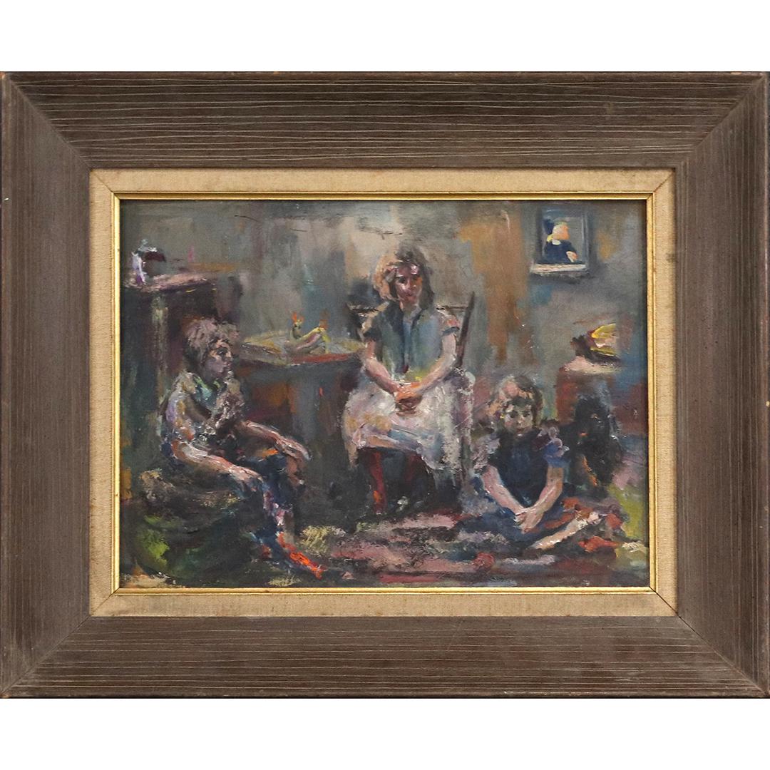 Circa 1950 Oil/b Painting Interior Scene with Children (1 of 6)