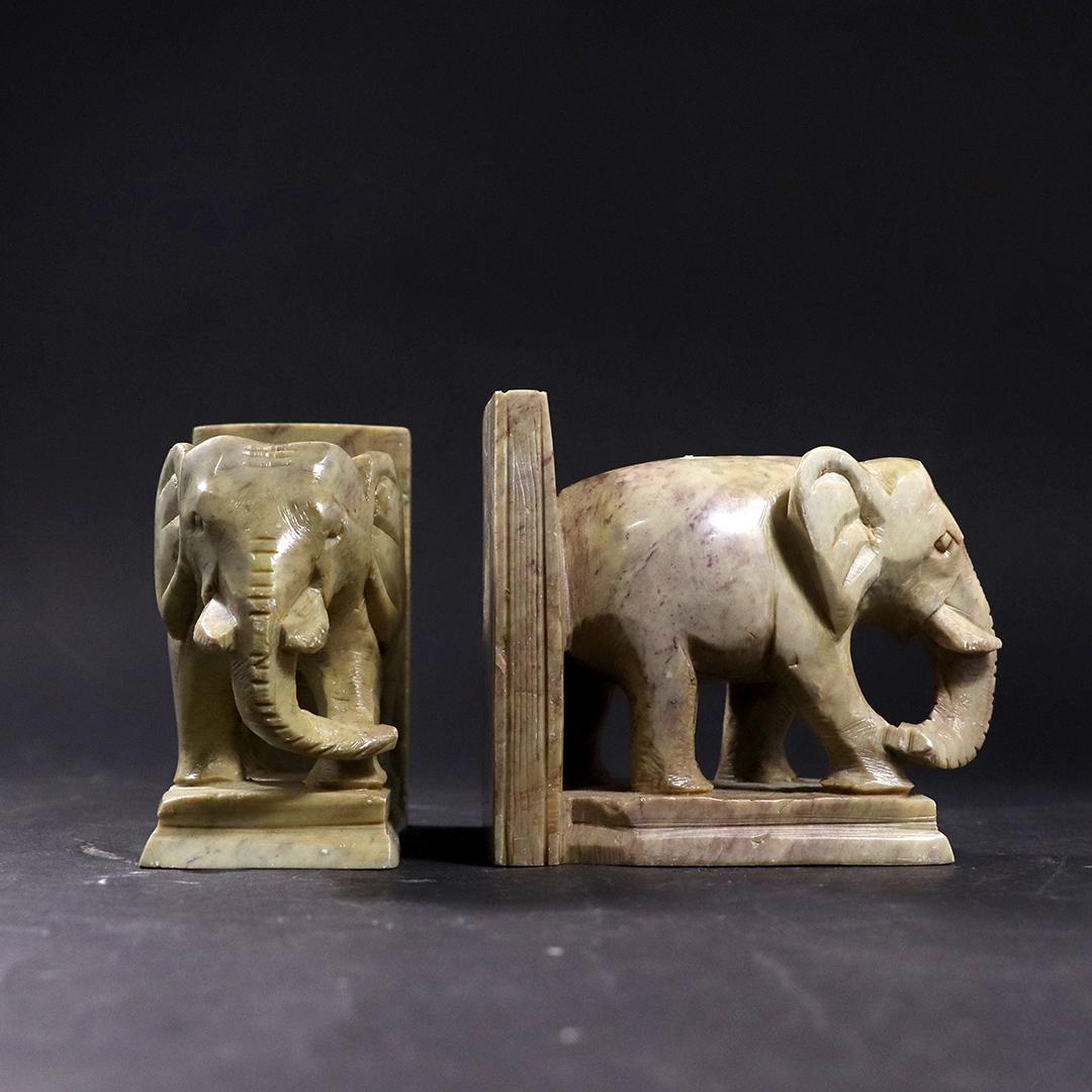 Vintage Carved Alabaster Elephant Figure Bookends: Vintage Carved Alabaster Elephant Figure Bookends. size: 4h x 4.5L