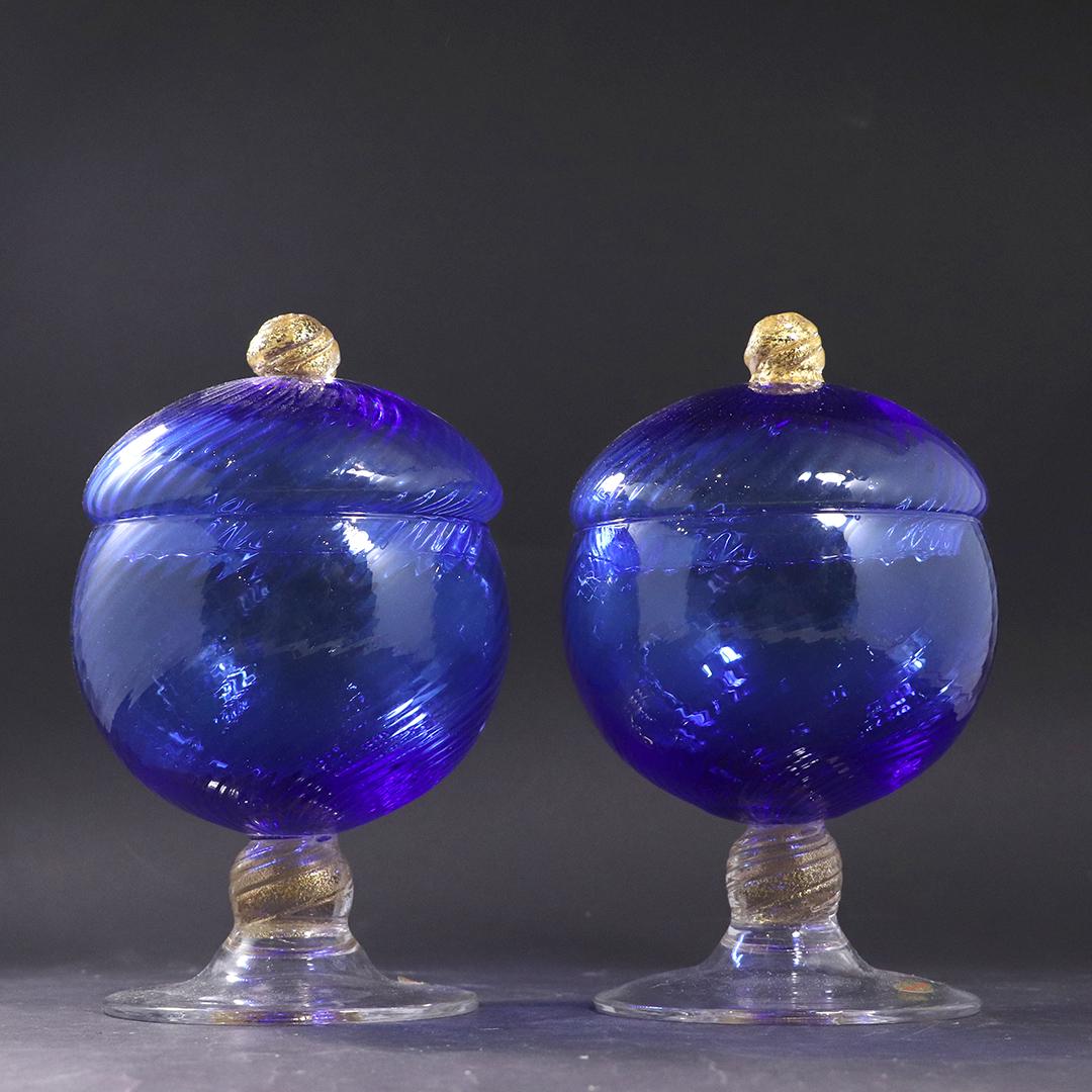 2 Venetian Italian Glass Cobalt Blue Covered Compotes (1 of 7)