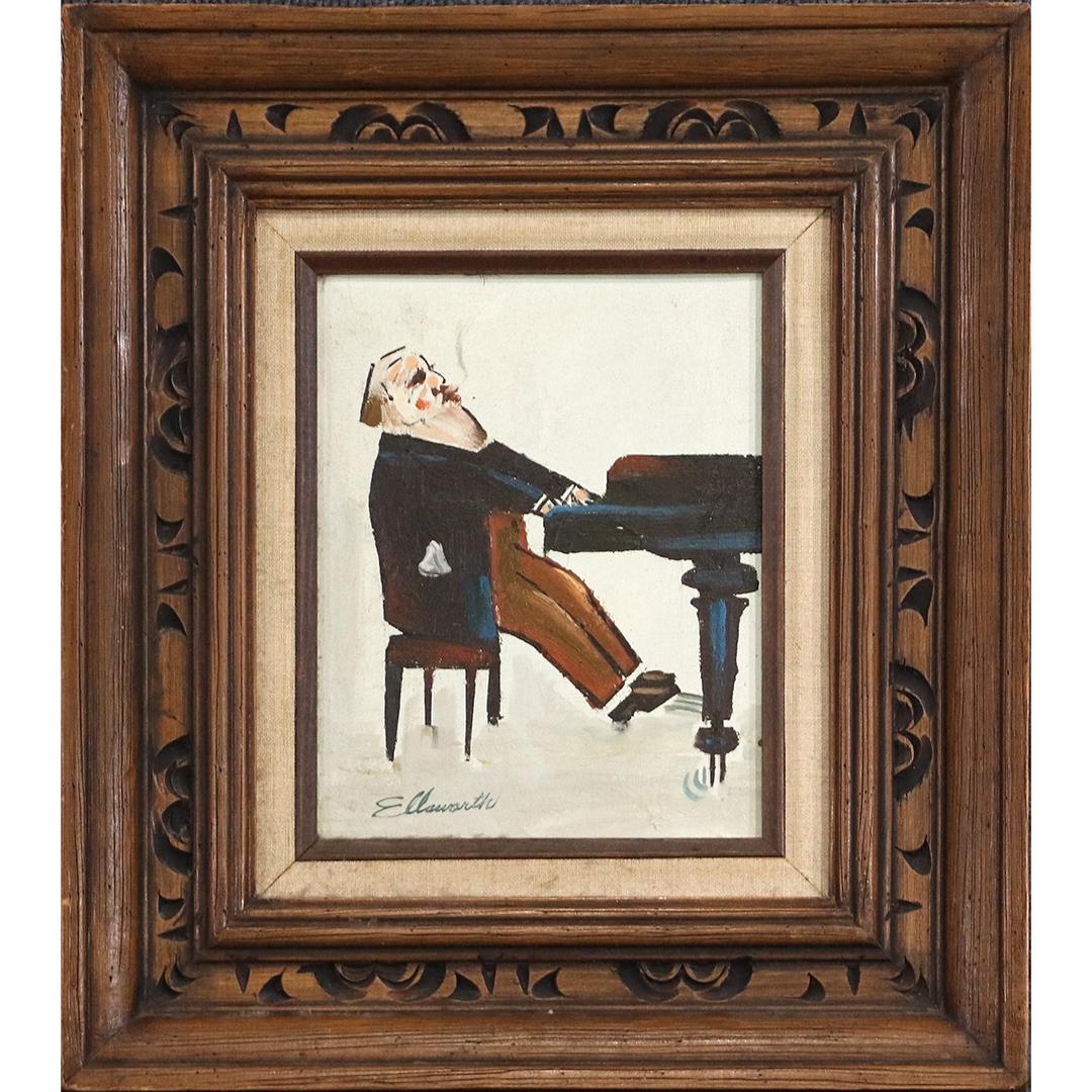 Ellsworth, 20th C. Oil/c Painting The Piano Man: Ellsworth, 20th C. Oil/c Painting The Piano Man. Oil on canvas painting, Signed, Original framing. size: 10x8 image, 18.25x16.25 outside frame