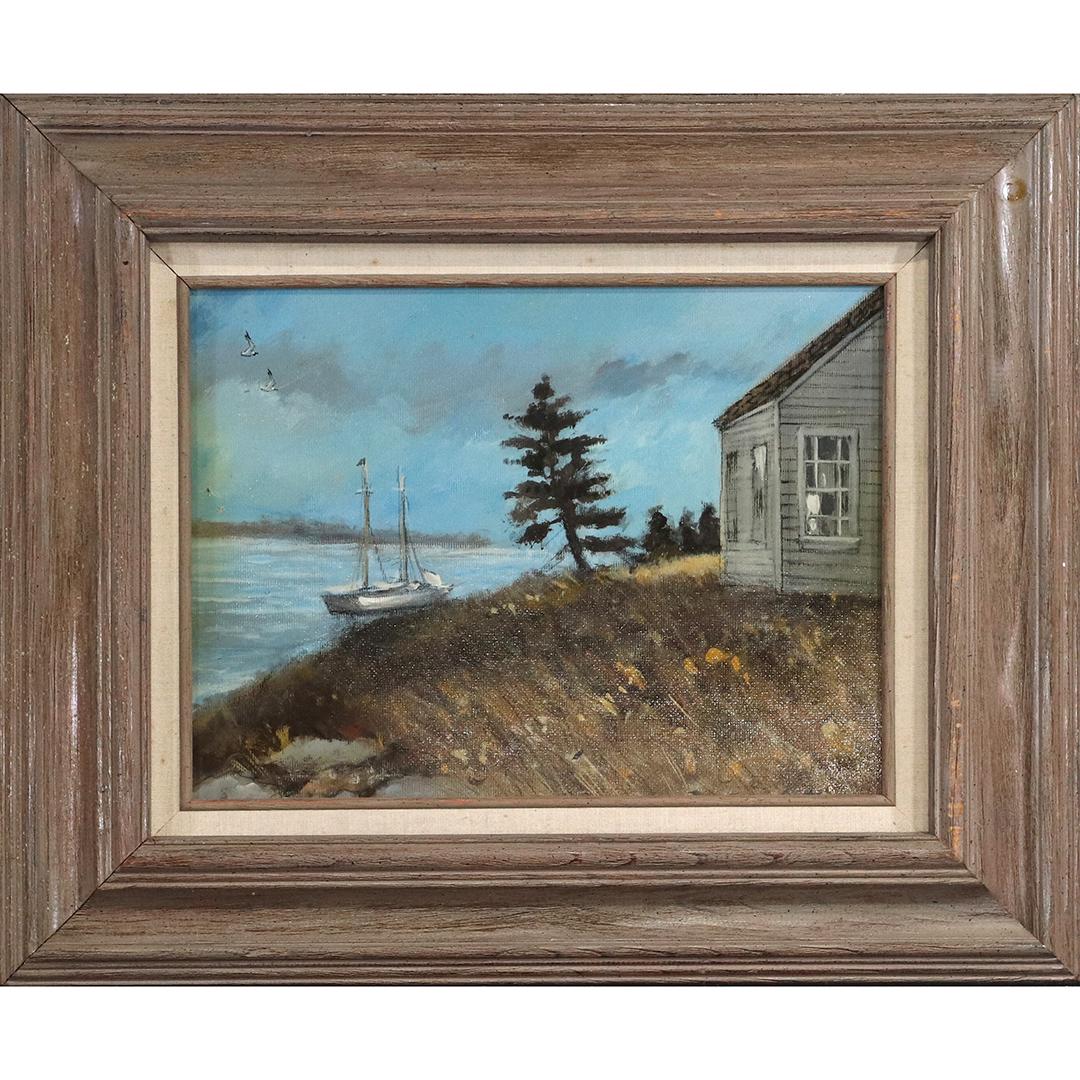 Fishing Boat at Lake Shore, House, Vintage Oil Painting (1 of 6)
