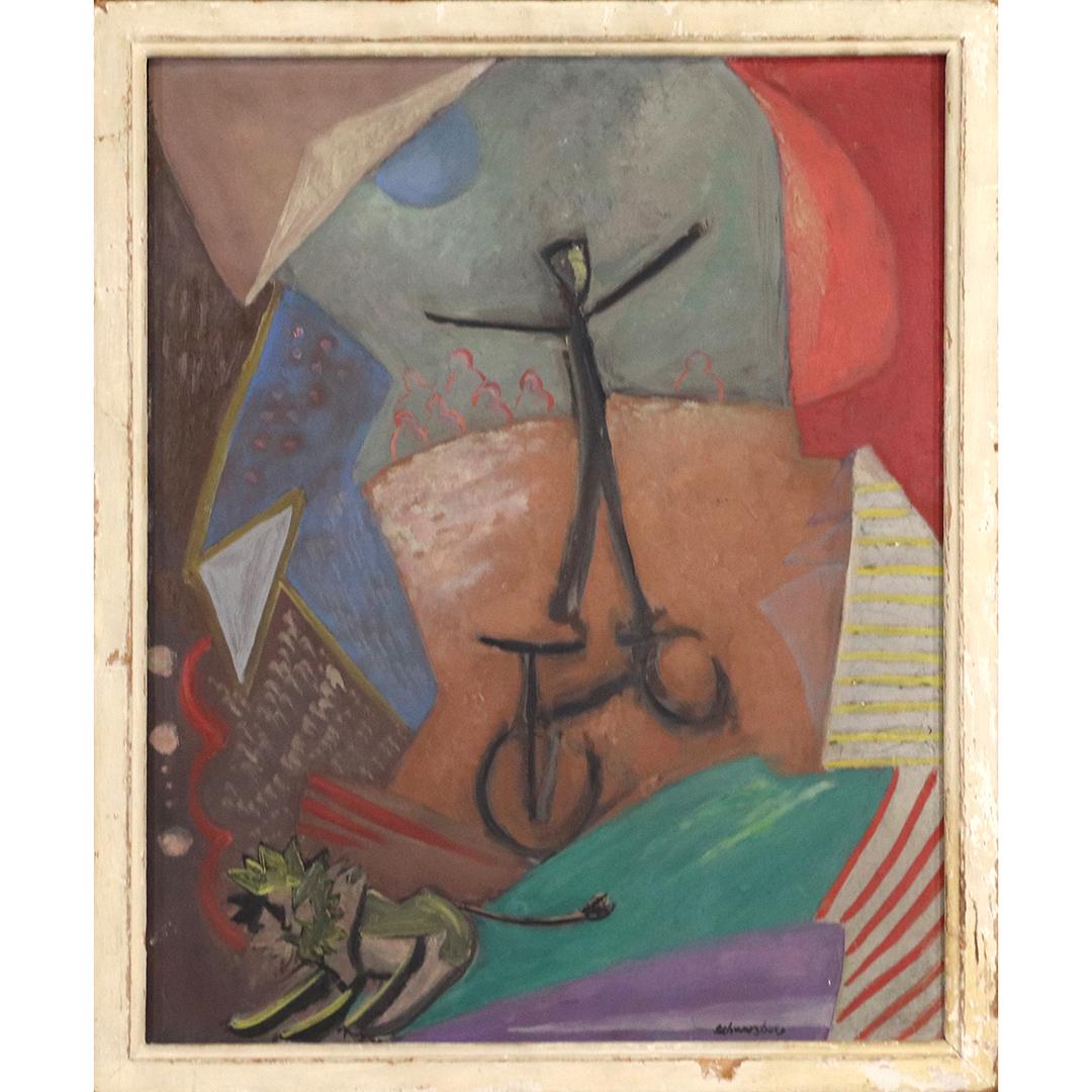 Schumrzburg, 1950s Oil/b Abstract Circus Acrobat Signed (1 of 6)