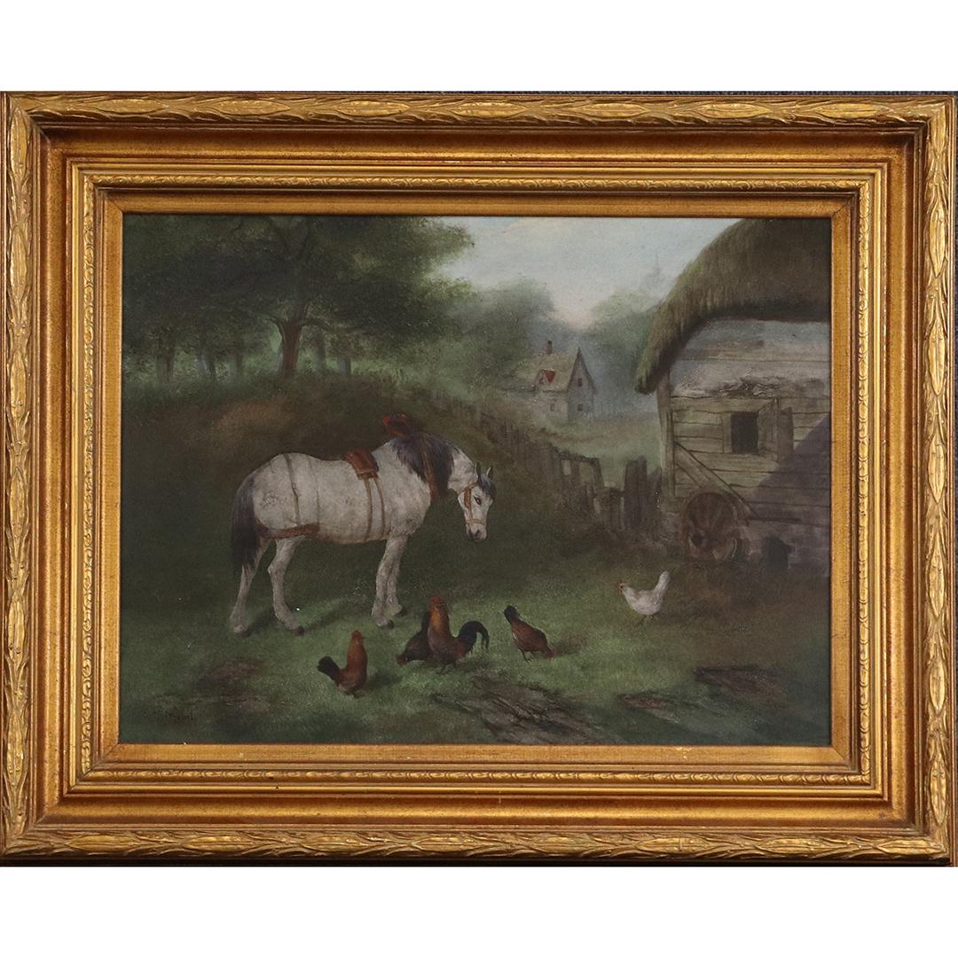 T Kolish, O/c Barnyard Scene Horse Chickens Thatch Roof (1 of 6)