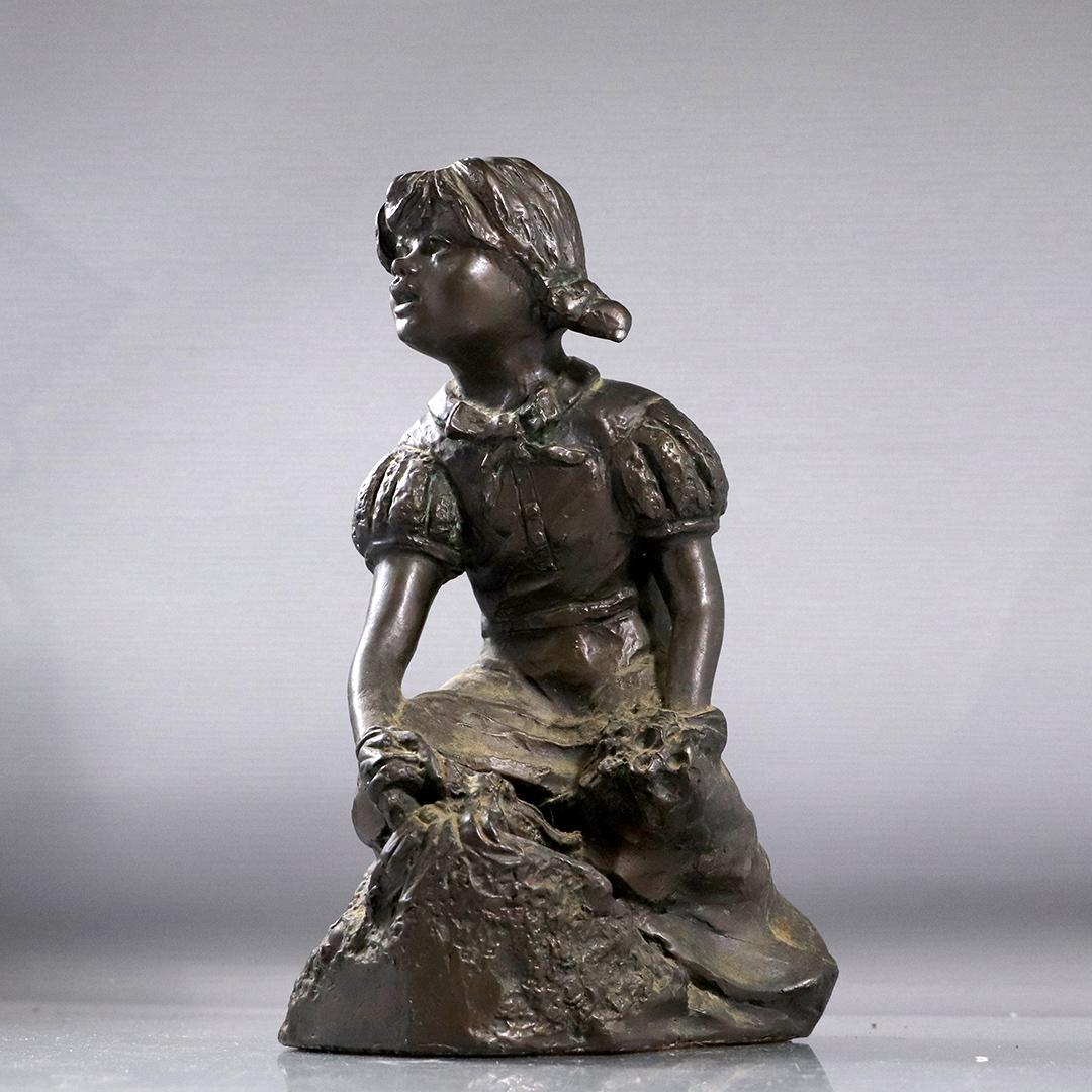 Kneeling Young Girl Statue Signed: c. "M" (1 of 7)