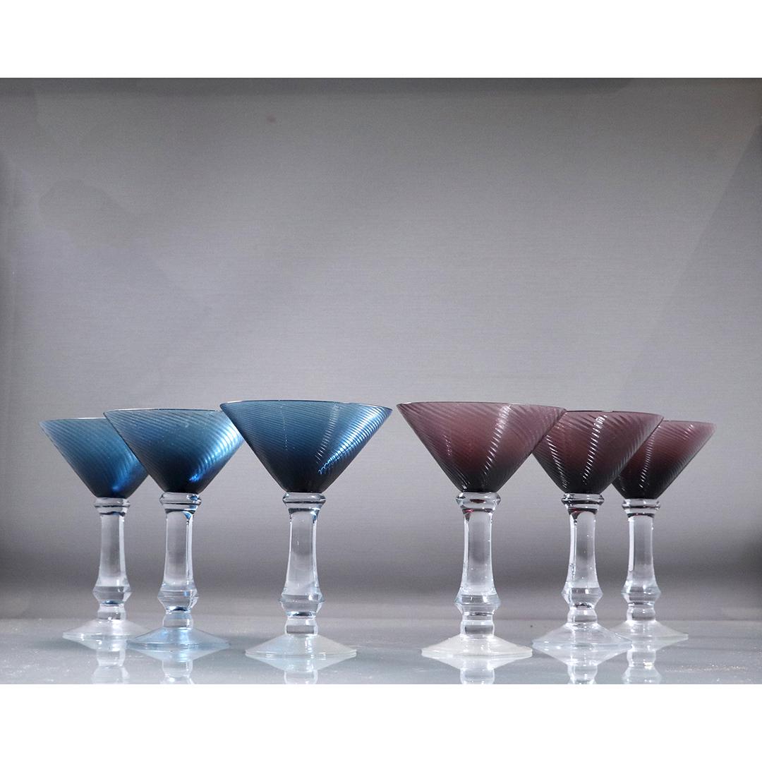 [6] Mid-Century Teal Blue & Amethyst Martini Glasses: [6] Mid-Century Teal Blue & Amethyst Martini Glasses. Swirl design, each color in 3. size: 7h x 4.75w