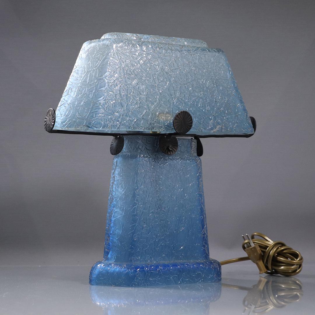 Mid-Century Modern French Blue Crackle Glass Table Lamp (1 of 7)