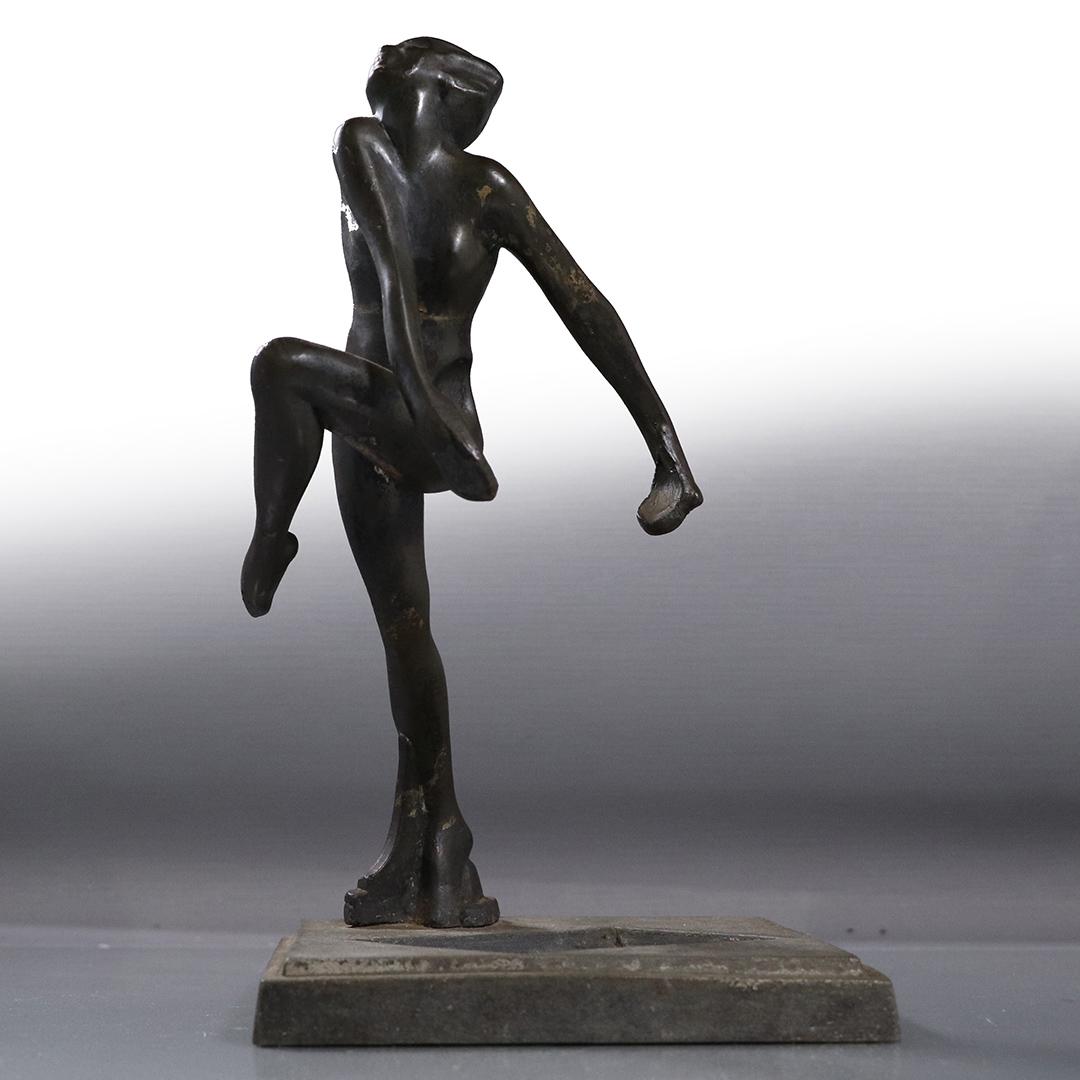 Circa 1920 Cast Metal Art Deco Nude Dancing Girl Tray: Circa 1920 Cast Metal Art Deco Nude Dancing Girl Tray. Style of Frankart, has "Pat'd" on side. Original patina finish. size: 10h x 6w