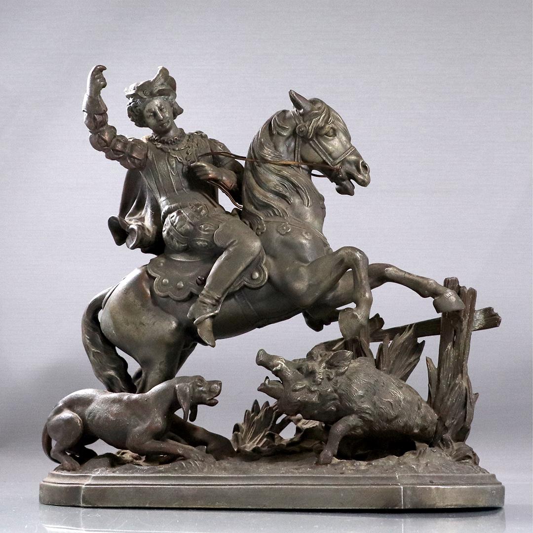 Victorian Metal Statue of Hunter, Dog and Wild Boar (1 of 9)