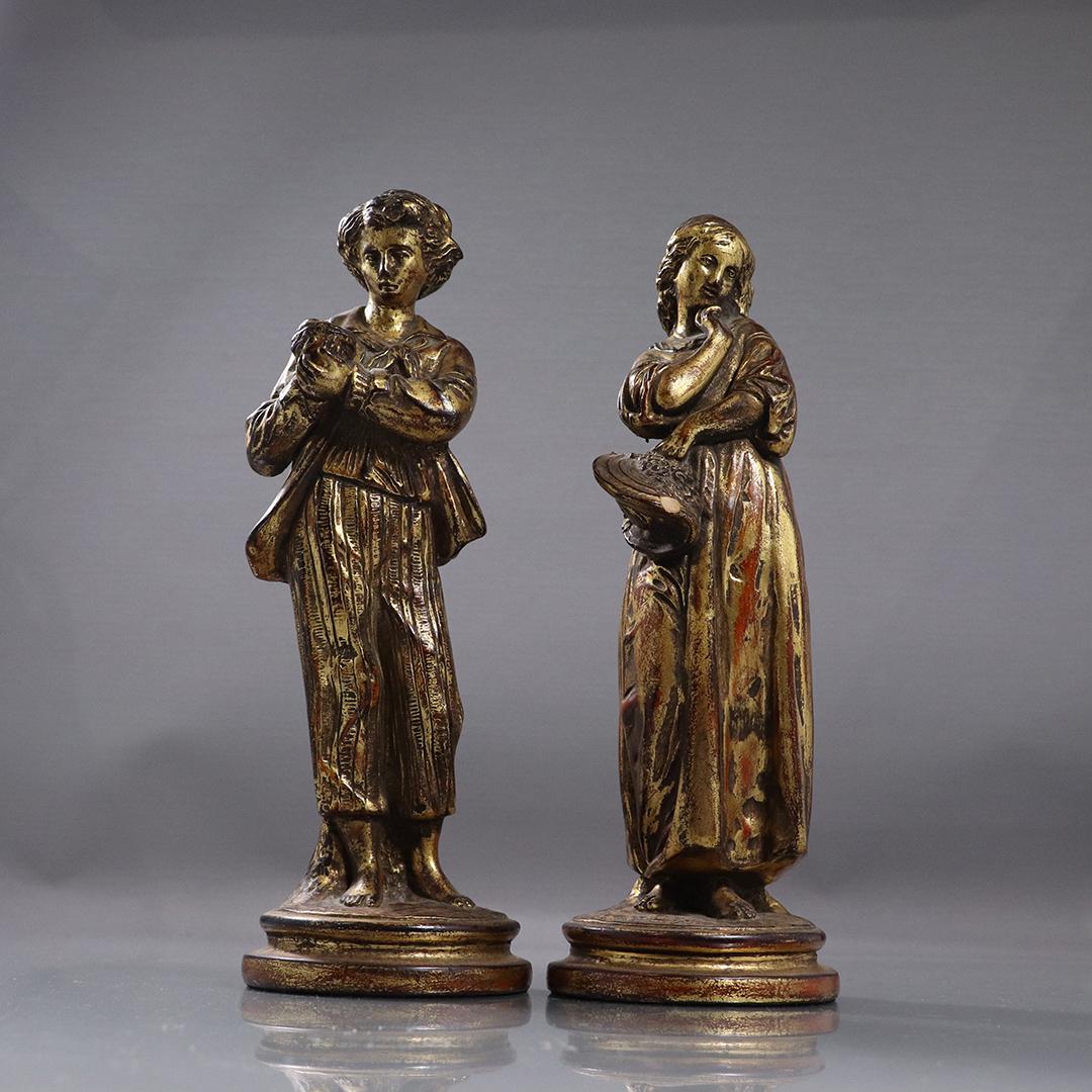 Pair Boy and Girl Peasant Statues in Gold Gilt Finish (1 of 9)