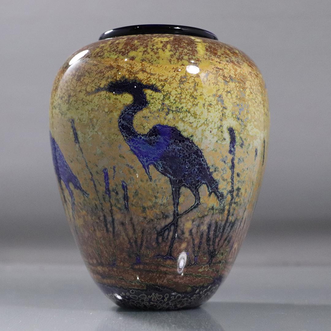 Paul Bendzunas Signed Studio Art Glass Vase Crane Heron (1 of 6)