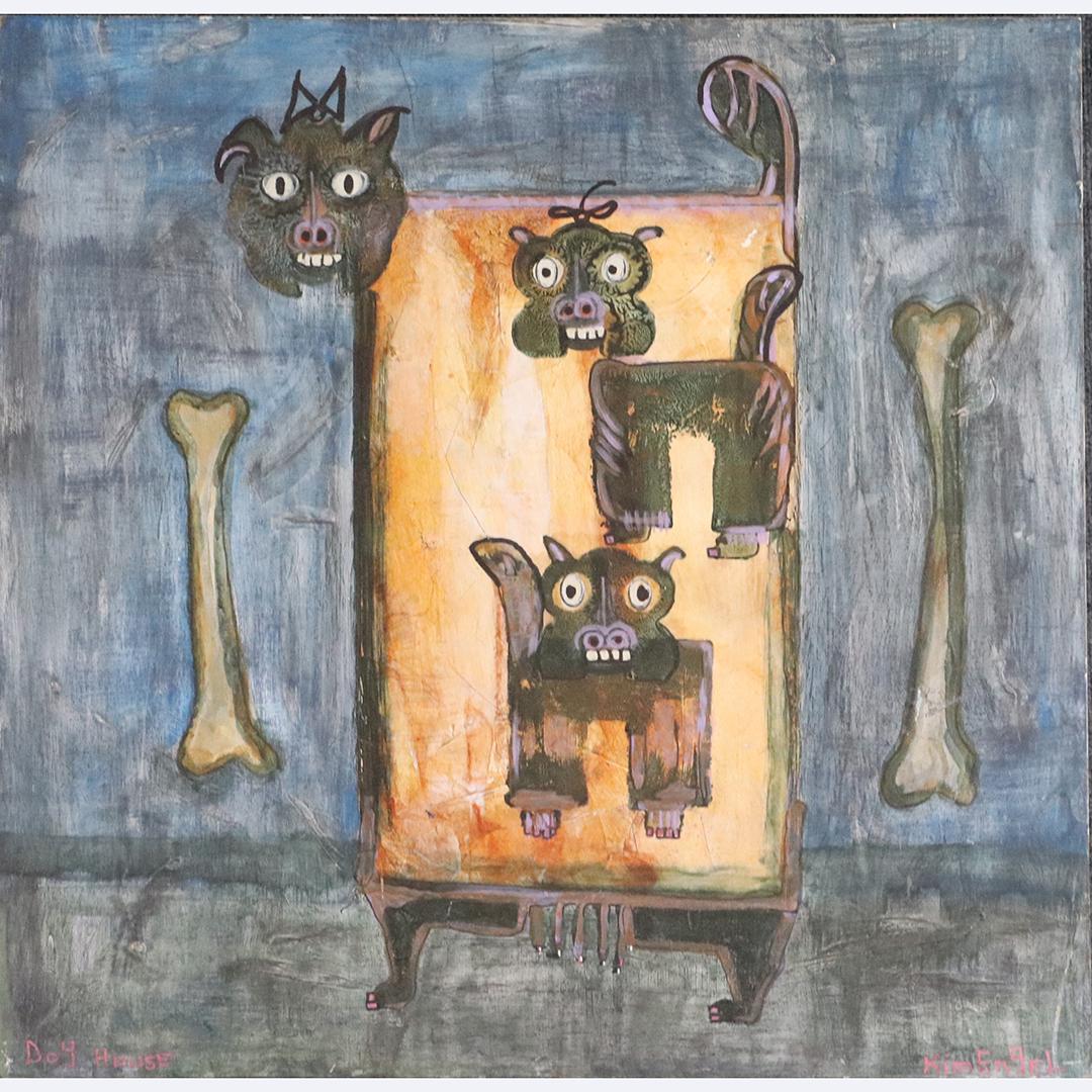Kim Engels, Berkshires Artist, Dog House Modernism Art: Kim Engels, Berkshires Artist, Dog House Modernism Art. Kim Engels, Berkshires Massachusetts Artist, Oil on canvas painting, Pop Art. Signed and Titled. Mid-Century Modern size: 30x30