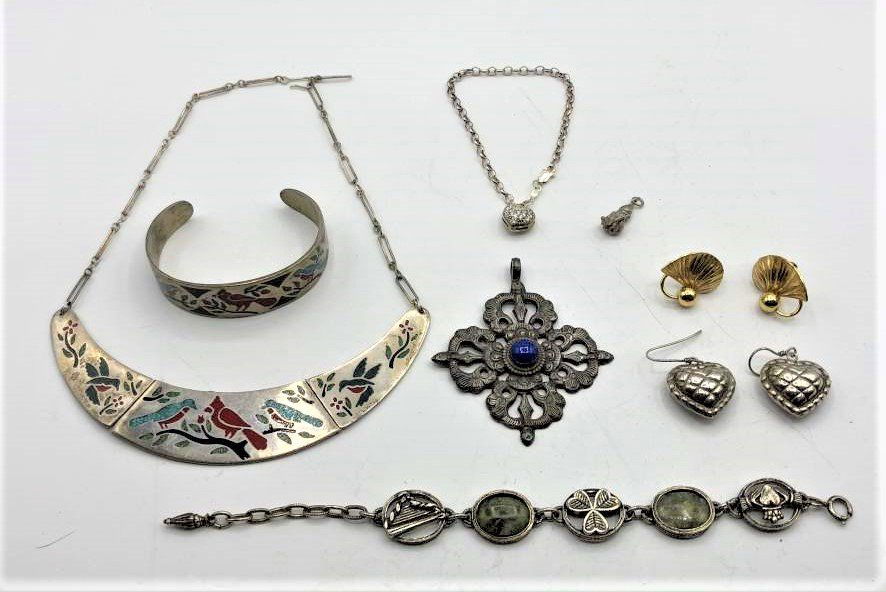 8 Piece Assorted Sterling Silver Jewelry - Variety: 8 Piece Assorted Sterling Silver Jewelry - Variety. Necklace, Cuff bracelet, charm, large pendant , 2 pair earrings, 2 bracelets. All tested Sterling. size: various