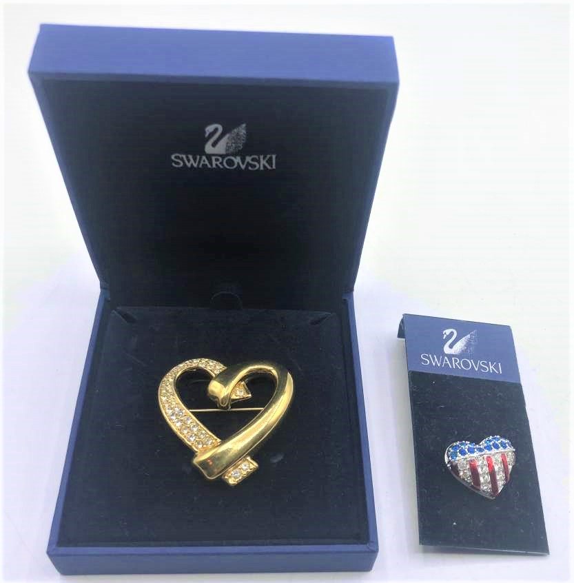 2 Swarovski Brooches, Gold Tone Heart & American Heart: 2 Swarovski Brooches, Gold Tone Heart & American Heart. Original box and card. size: 1.5 in. & 1 in.
