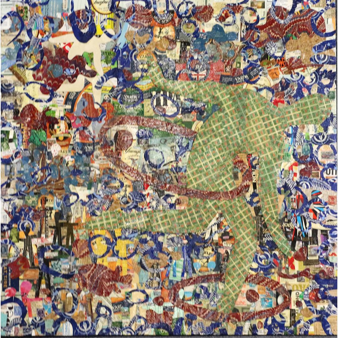 Modernism Collage of Stamps & Labels Mounted on Canvas: Modernism Collage of Stamps & Labels Mounted on Canvas. size: 31.5x31.5