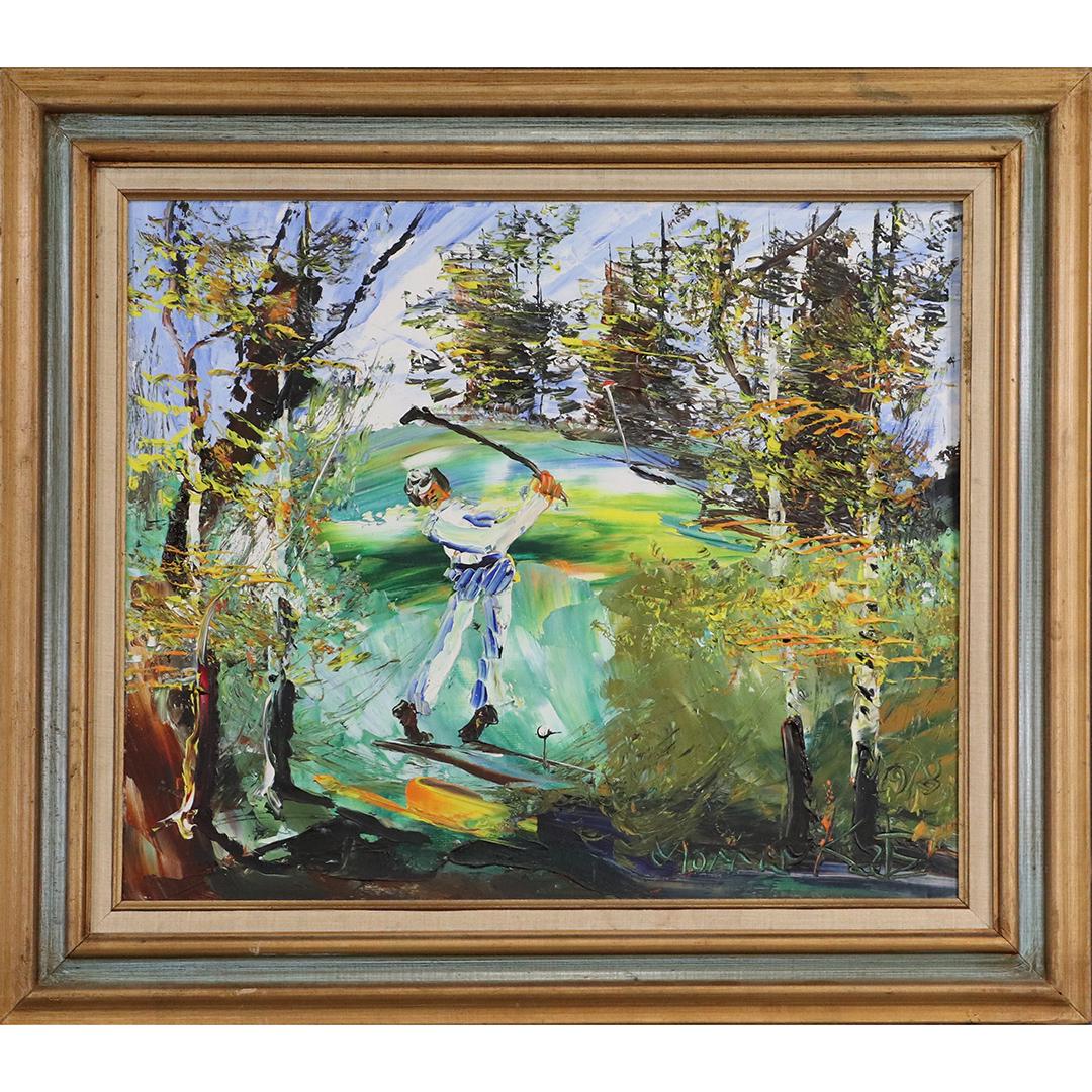 MORRIS KATZ 1978, Listed Jewish American, GOLFER: MORRIS KATZ 1978, Listed Jewish American, GOLFER acrylic painting on board. Signed and dated, original framing. Well listed Artist. size: 20x24 image, 27x31 outside frame. ASKart: Morris Katz (1931 - 