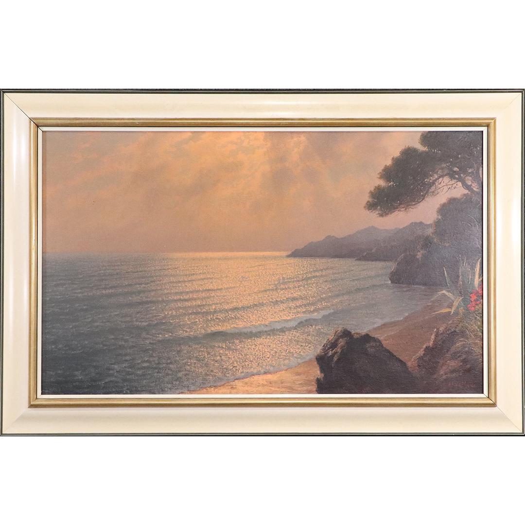 J L Van De Meide, Belgium, O/c Coastal Sunset Landscape: J L Van De Meide, Belgium, O/c Coastal Sunset Landscape. Oil on canvas painting. Signed. Original frame. Well listed Artist. size: 24x39.5 image, 30.5x46 outside frame. ASKart: J L Van De Meide (Born 