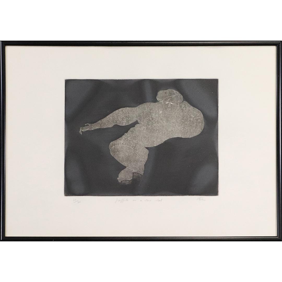 Graffito on a Stone Slab, Signed and Numbered #27/30: Graffito on a Stone Slab, Signed and Numbered #27/30. Pencil Signed, Vintage. Framed black and white image of man reclining. size: 11x14.25 image, 18.75x26.25 outside frame