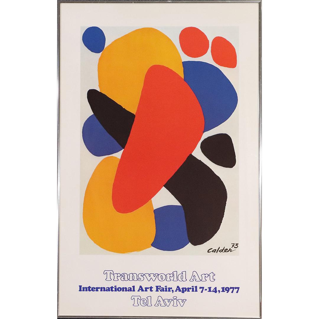 Poster: Alexander Calder 1977 Tel Aviv Art Fair Vintage: Poster: Alexander Calder 1977 Tel Aviv Art Fair Vintage, Note: glued to board and bubbling. Original framing. size: 32.25x20.75 outside frame