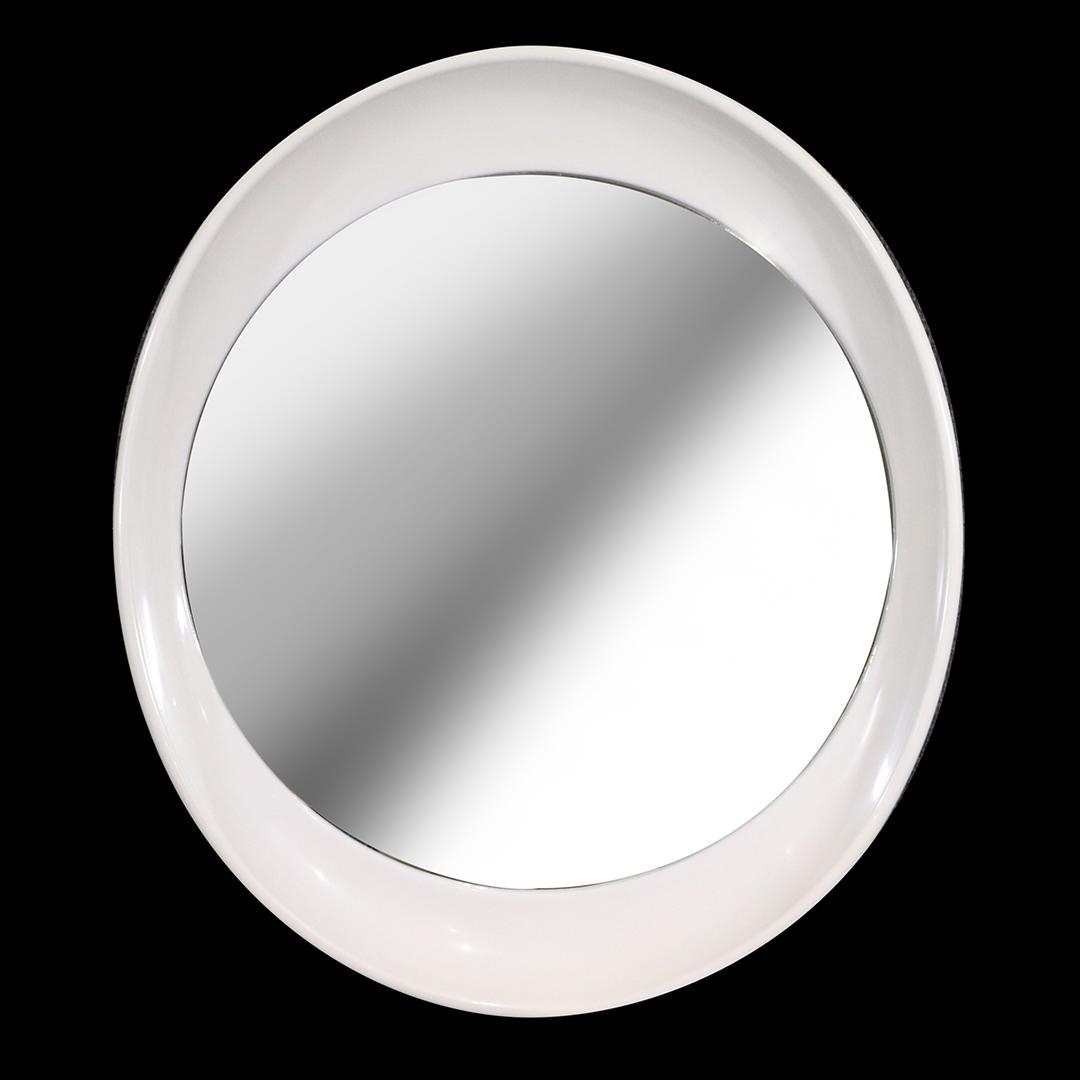 Mid-Century Modern White Fiberglass Oval Mirror: Mid-Century Modern White Fiberglass Oval Mirror. size: 21x20.5 mirror, 25.5x22 outside frame