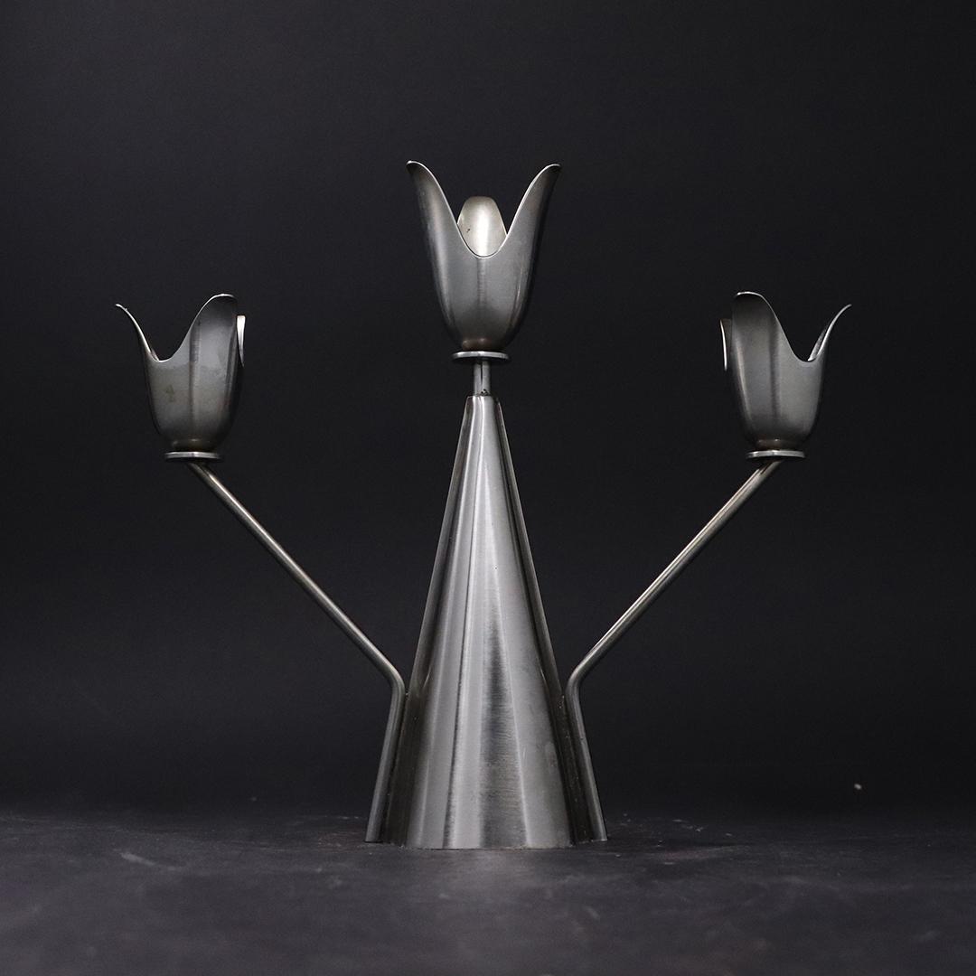Danish Design Stainless Steel Candelabra Tulips/ Floral: Danish Design Stainless Steel Candelabra Tulips/ Floral. Denmark. Vintage. size: 8.25h x 9.25w
