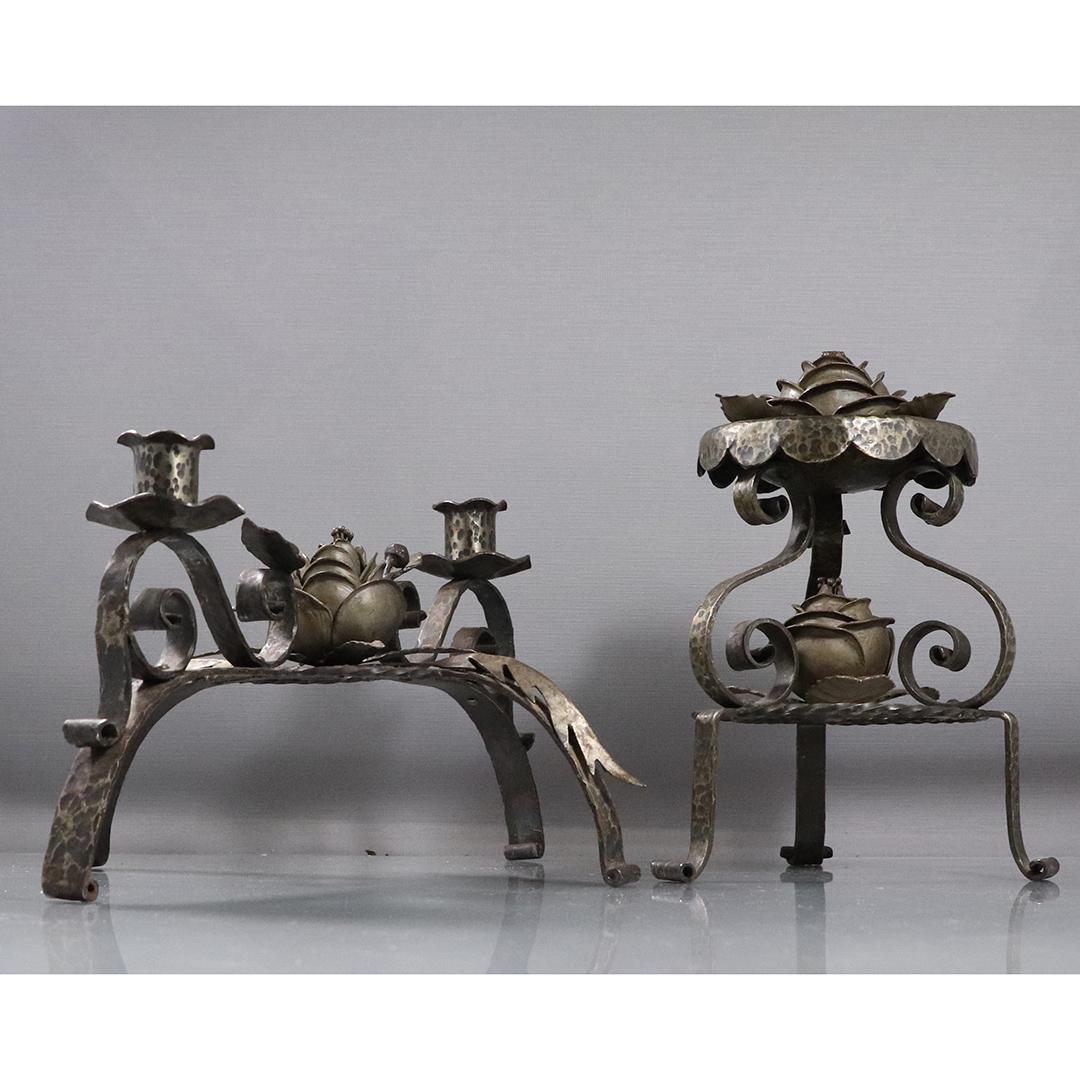[2] Art Deco Wrought Iron Candelabra and Matching Piece: [2] Art Deco Wrought Iron Candelabra and Matching Piece. Original patina finish. size: 9.5h x 7w, 7h x 15L x 11w