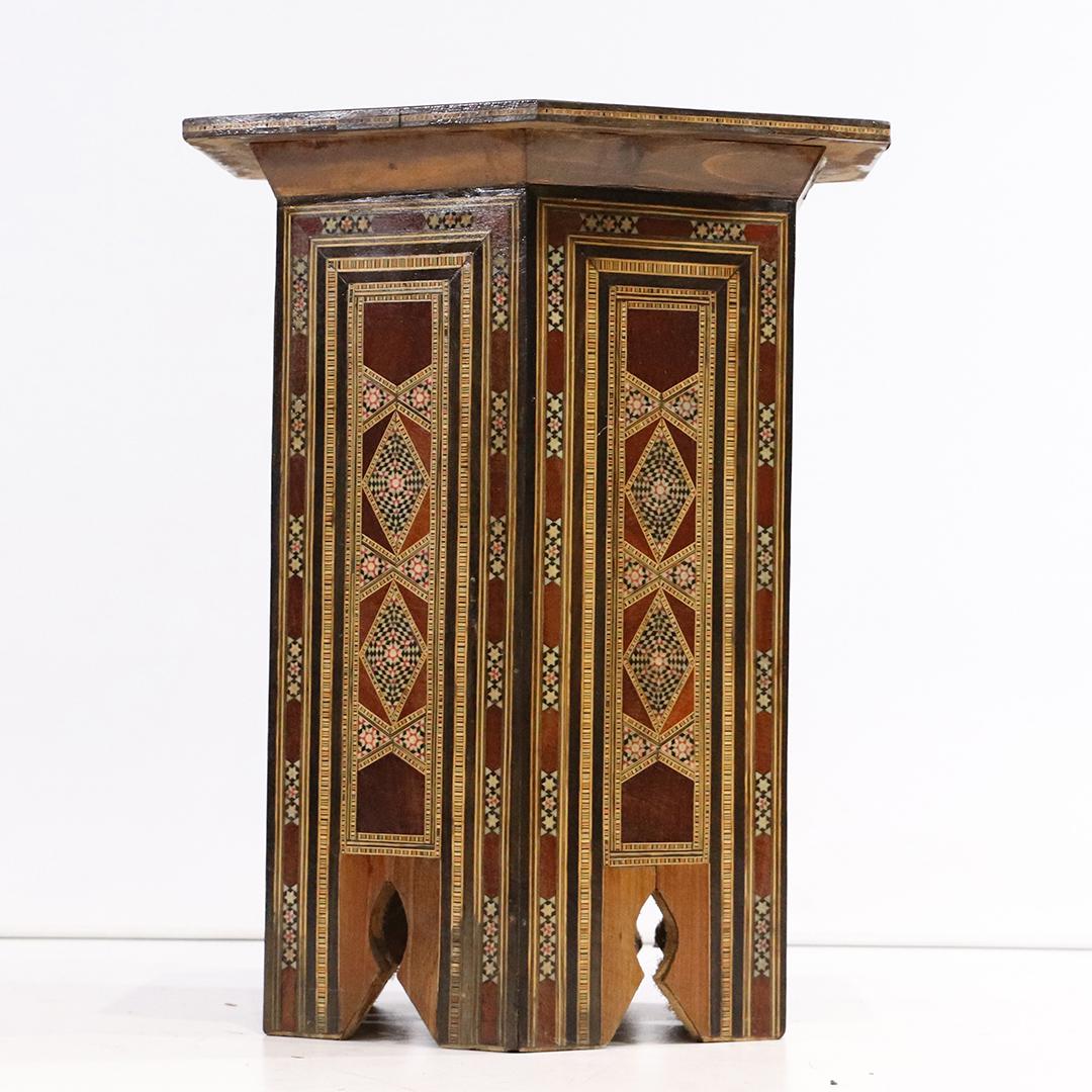 Antique Moorish Inlay Hexagon Taboret Stand: Antique Moorish Inlay Hexagon Taboret Stand. size: 20.25h x 17.5w
